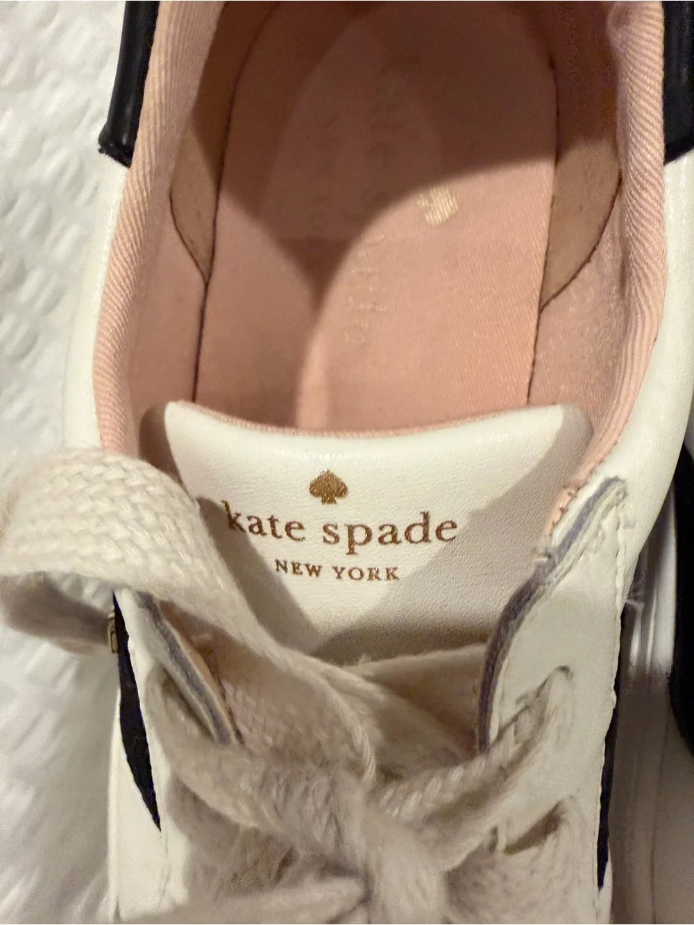 kate spade White Leather Sneakers with Black Stripe and Pink Lining